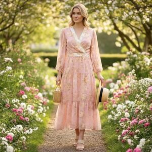 Taylor Peach Floral Chiffon Tiered Maxi Dress Long Sleeve Size 6